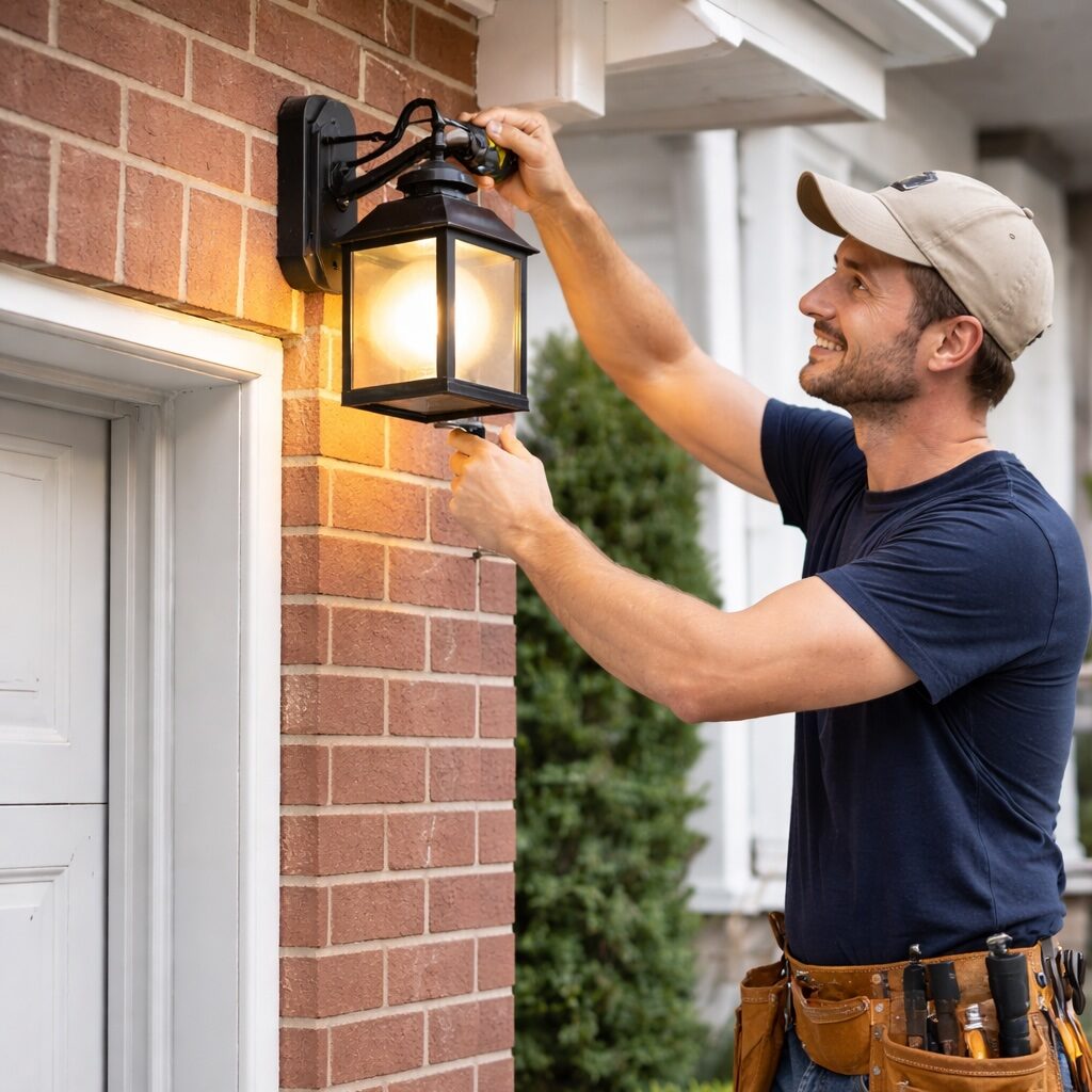 Handyman installing light fixture in residential home