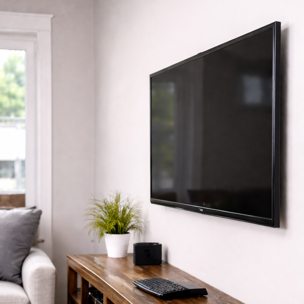 Wall-mounted flat screen TV installed in a modern living room in Sacramento, CA